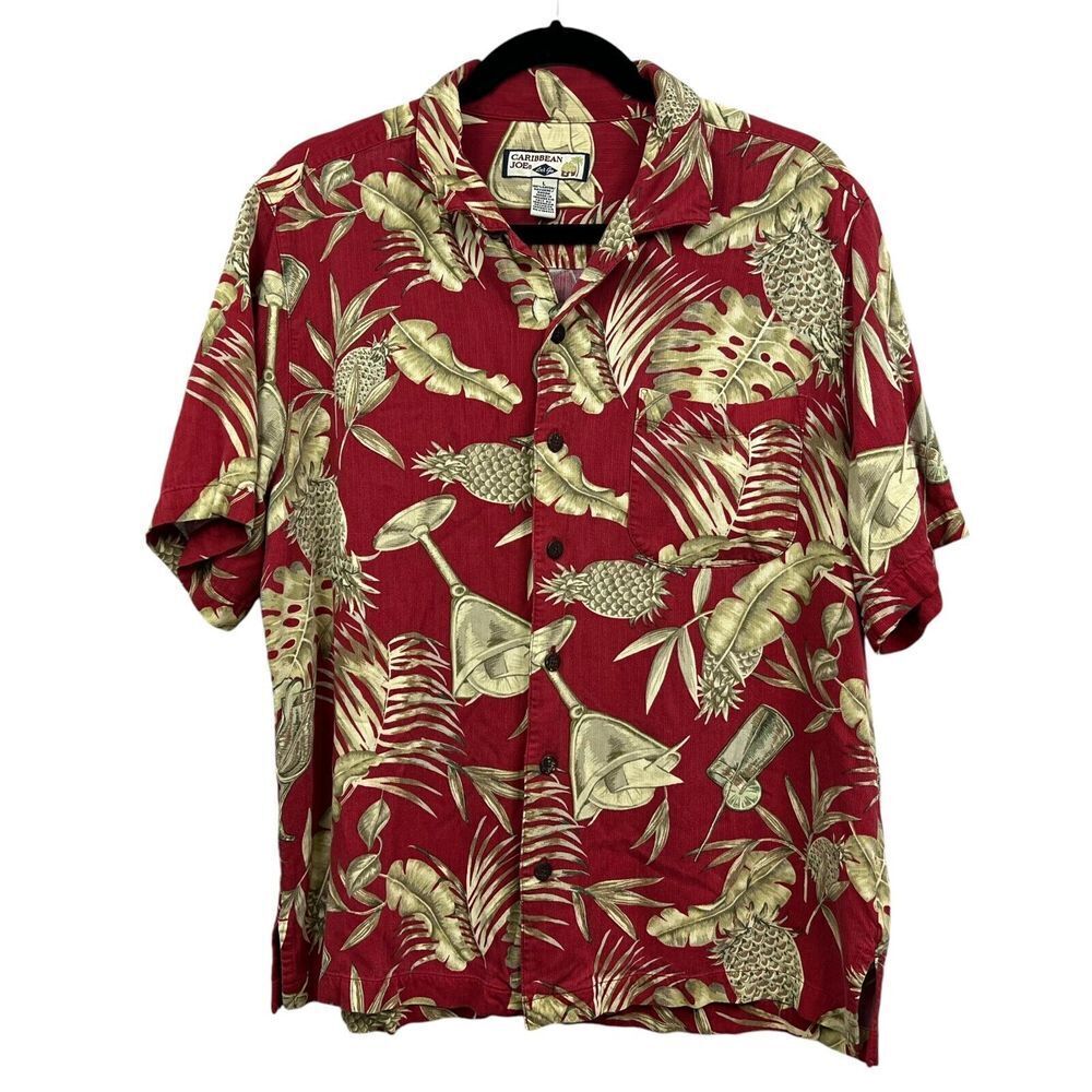 Caribbean Joe Mens Shirt Hawaiian Pineapple Palm Collared Short Sleeve Red Sz L*